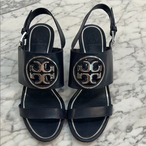 Tory Burch Navy and Brown Wedge Sandals